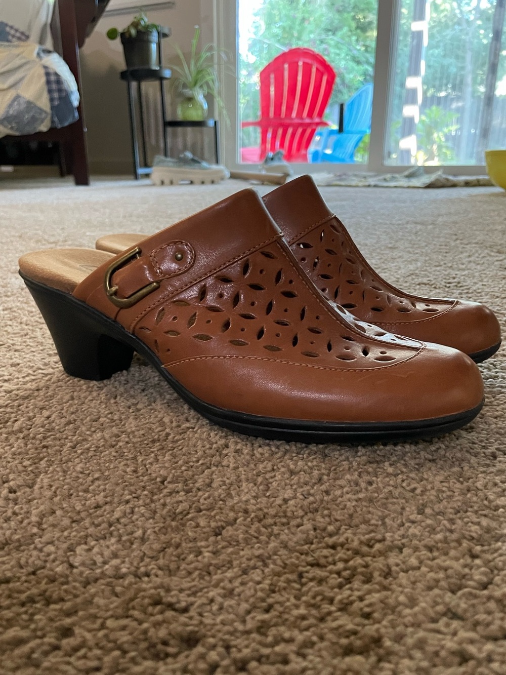 Clarks Brown Leather Cutout Mule Heels